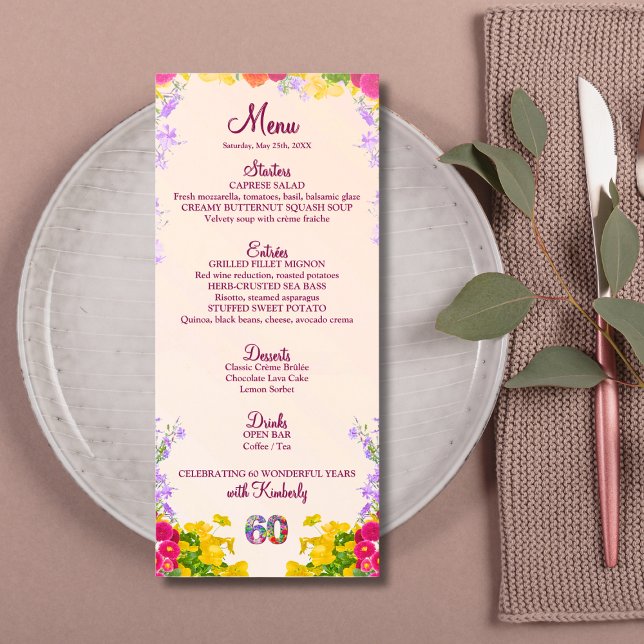 Floral 60th Birthday Menu Card elegant 60 years (Creator Uploaded)