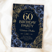 Floral 60th Birthday Navy Blue Gold