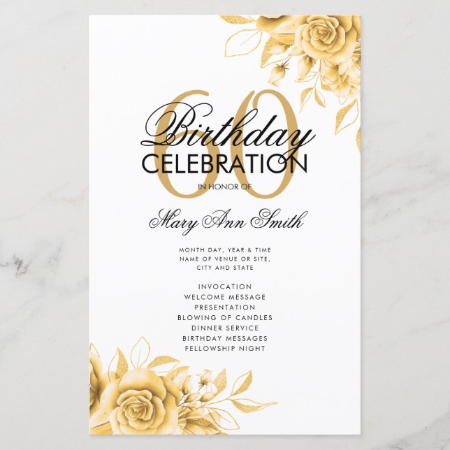 Floral 60th Birthday Program Gold w/ Menu (Front)