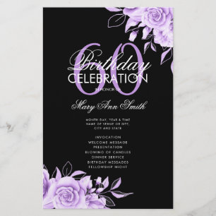 Floral 60th Birthday Program Purple Black w/ Menu