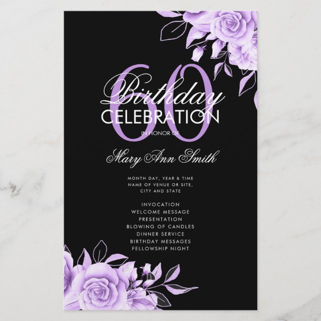 Floral 60th Birthday Program Purple Black w/ Menu (Front)
