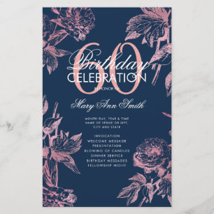 Floral 60th Birthday Program Rose Gold Navy Menu