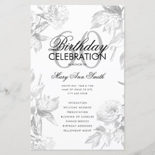 Floral 60th Birthday Program Silver Menu