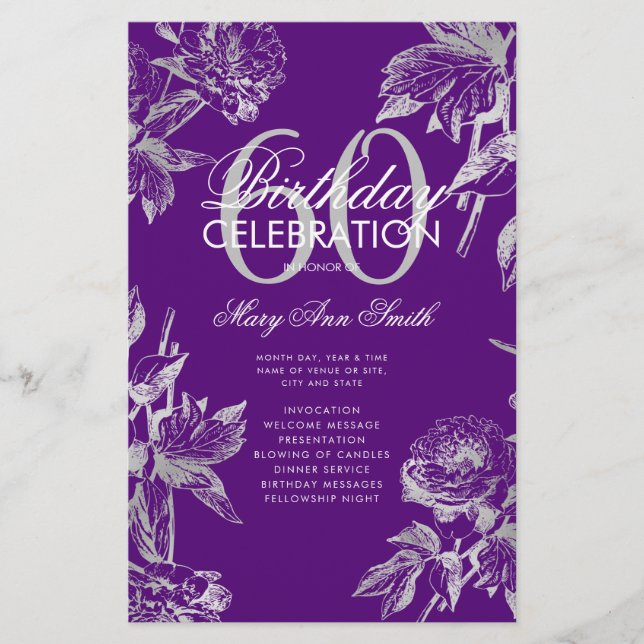 Floral 60th Birthday Program Silver Purple Menu (Front)