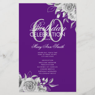 Floral 60th Birthday Program Silver Purple w/ Menu