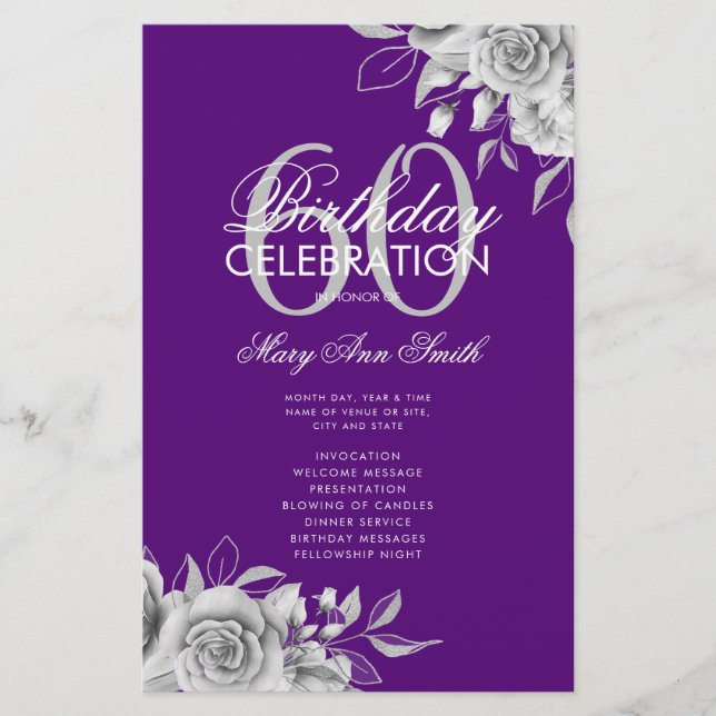 Floral 60th Birthday Program Silver Purple w/ Menu (Front)