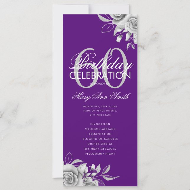 Floral 60th Birthday Program Silver Purple w/ Menu Invitation (Front)