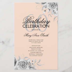 Floral 60th Birthday Program Silver w/ Menu Blush