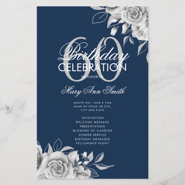 Floral 60th Birthday Program Silver w/ Menu Navy  (Front)