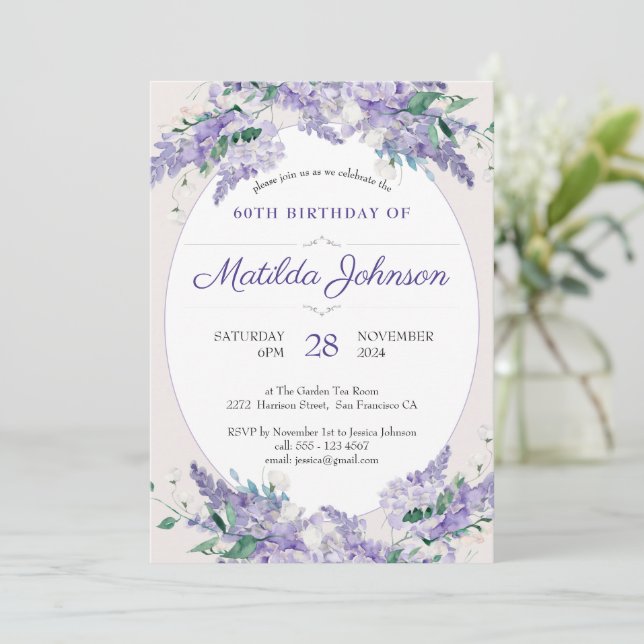 Floral 60th Birthday Purple Wisteria Botanical Invitation (Standing Front)