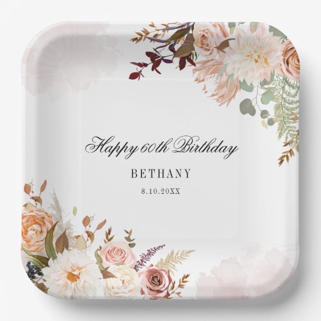Floral 60th Birthday Surprise Party Paper Plate (Front)