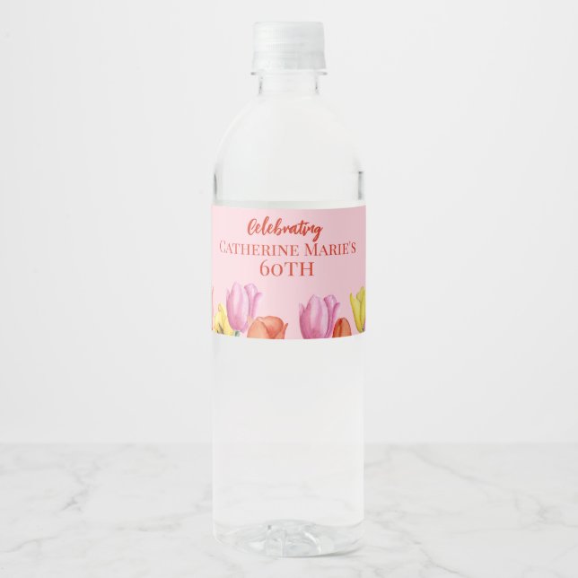 Floral 60th Birthday  Water Bottle Label (Front)