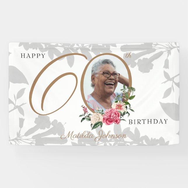 Floral 60th Birthday White Gold Chic Custom Photo Banner (Horizontal)