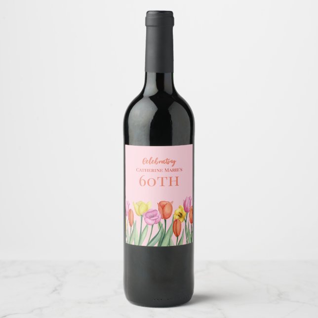 Floral 60th Birthday  Wine Label (Front)