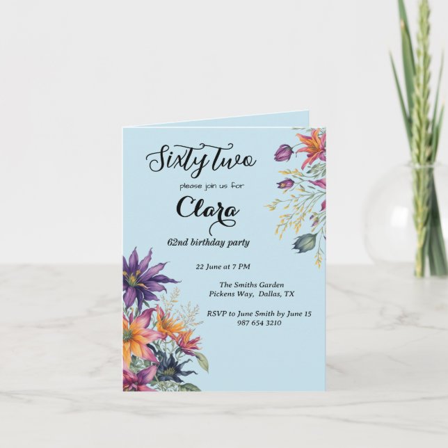 Floral 62nd birthday party invitation (Front)