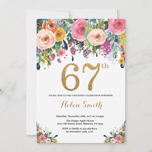 Floral 67th Birthday Invitation Gold Glitter (Front)