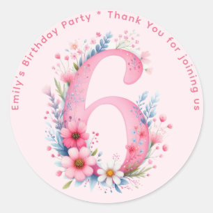 Floral 6th Birthday Thank You Favour Six Custom Classic Round Sticker