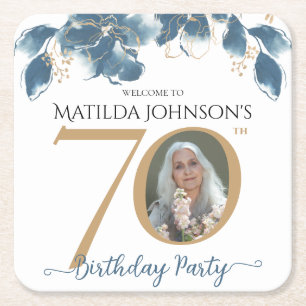 Floral 70th Birthday Blue Gold Watercolor Photo Square Paper Coaster