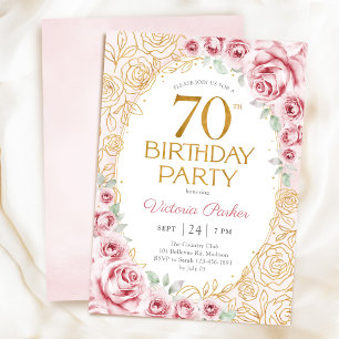 Floral 70th Birthday Blush Pink Gold Feminine Invitation