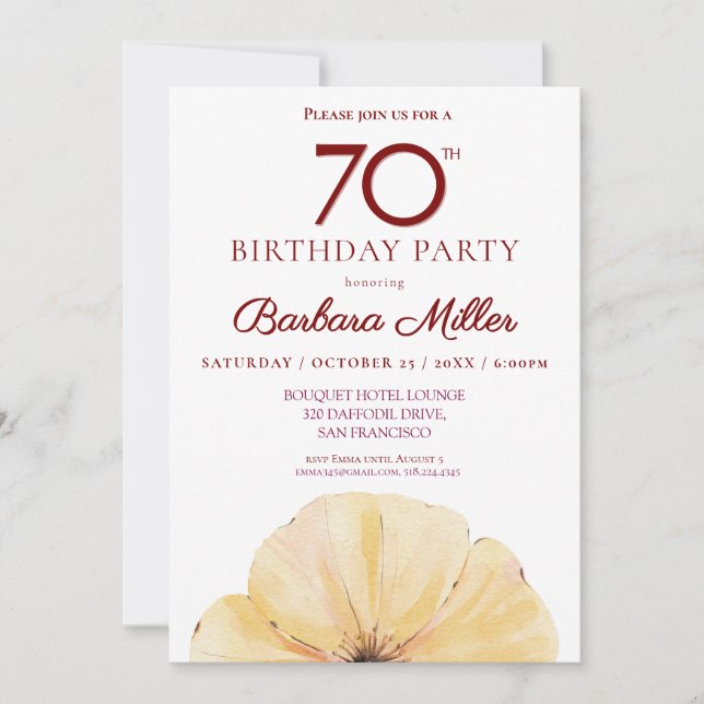 Floral 70th Birthday – Elegant Yellow Fall Invitation (Front)