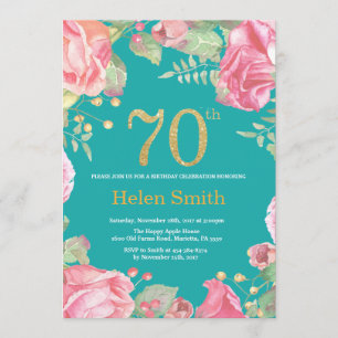 Floral 70th Birthday Gold Glitter and Teal Invitation