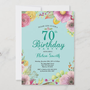 Floral 70th Birthday Invitation for Women Teal