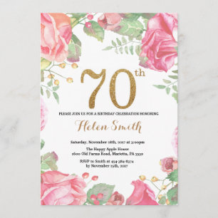 Floral 70th Birthday Invitation Gold Glitter