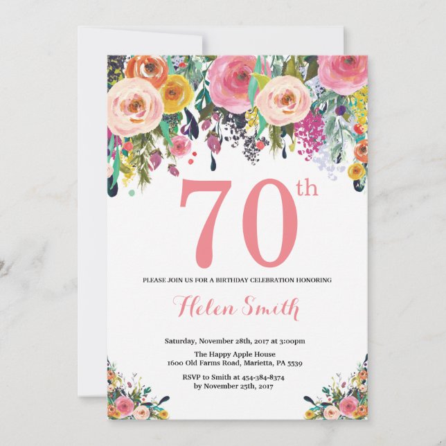 Floral 70th Birthday Invitation Pink (Front)