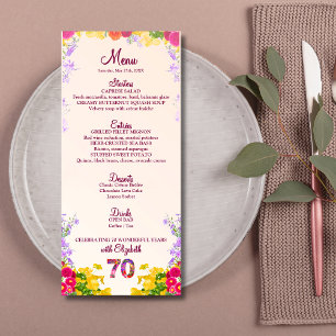 Floral 70th Birthday Menu Card elegant 70 years