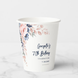 Floral 70th Birthday Party Botanical Script Paper Cups