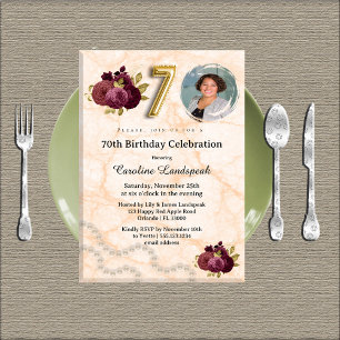 Floral 70th Birthday Party & Gold Foil Balloon    Invitation