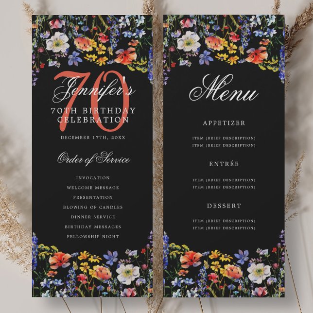 Floral 70th Birthday Party Program Menu Black Invitation (Floral 70th Birthday Party Program Menu Black)