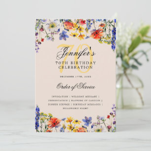 Floral 70th Birthday Party Program Menu Champagne Invitation