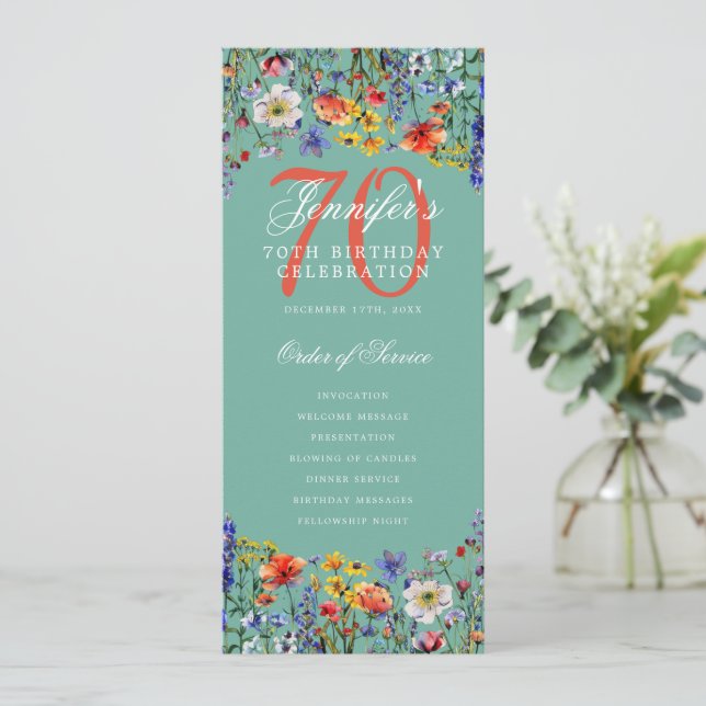 Floral 70th Birthday Party Program Menu Teal  Invitation (Standing Front)