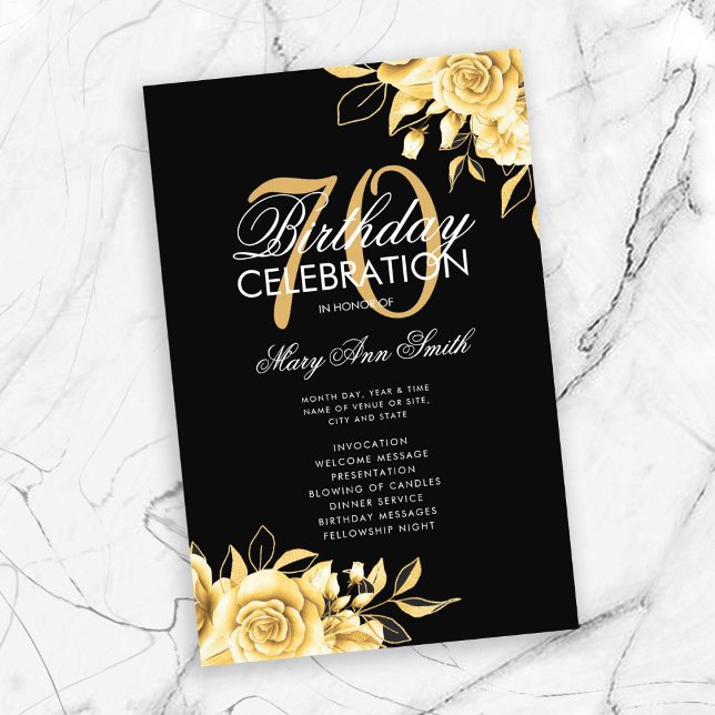Floral 70th Birthday Program Gold & Black w/ Menu (Creator Uploaded)