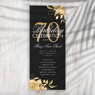 Floral 70th Birthday Program Gold & Black w/ Menu Invitation