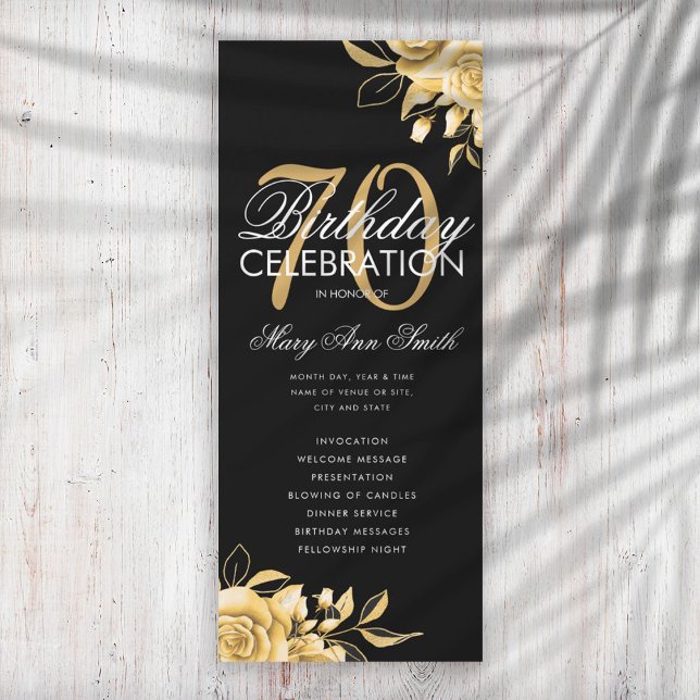 Floral 70th Birthday Program Gold & Black w/ Menu Invitation (Creator Uploaded)