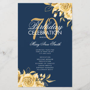 Floral 70th Birthday Program Gold & Navy w/ Menu
