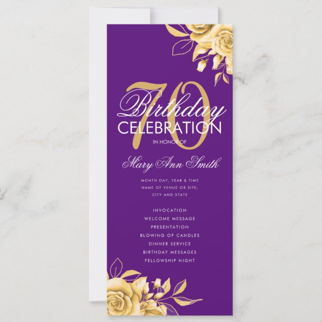Floral 70th Birthday Program Gold & Purple w/ Menu Invitation (Front)