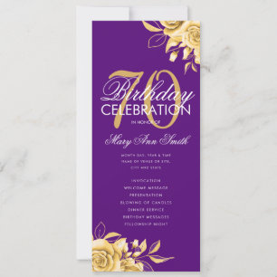 Floral 70th Birthday Program Gold & Purple w/ Menu Invitation