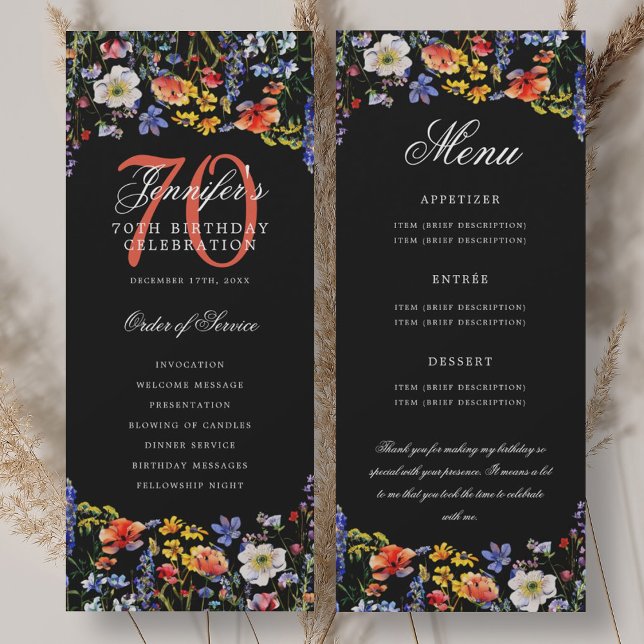 Floral 70th Birthday Program Menu Thank You Black Invitation (Floral 70th Birthday Program Menu Thank You Black)