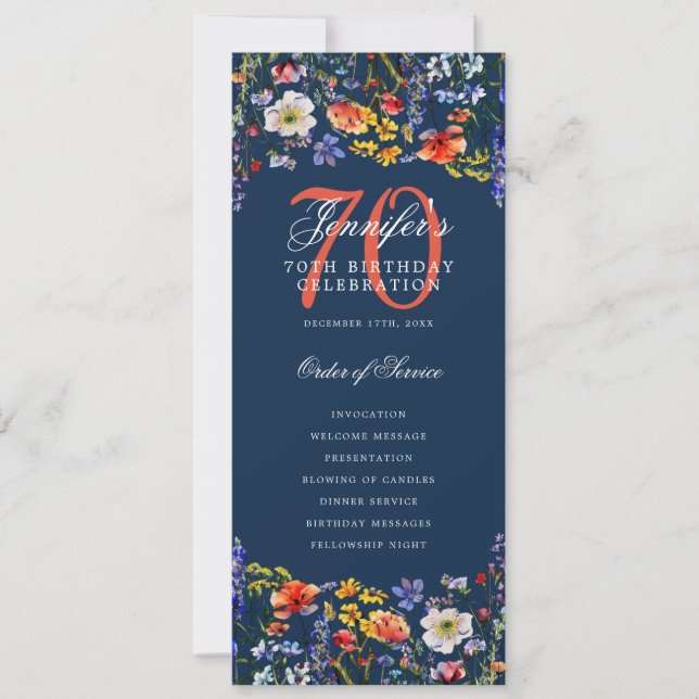 Floral 70th Birthday Program Menu Thank You Navy  Invitation (Front)