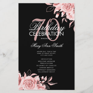 Floral 70th Birthday Program Rose Gold Black Menu