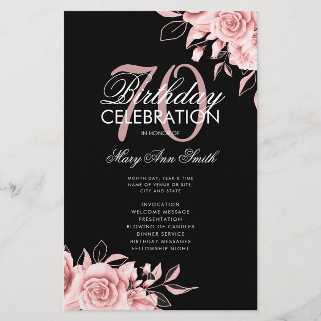 Floral 70th Birthday Program Rose Gold Black Menu (Front)