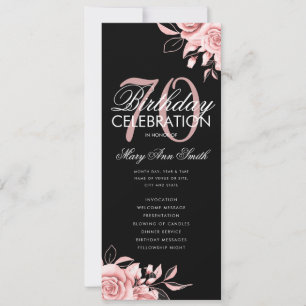 Floral 70th Birthday Program Rose Gold Black Menu Invitation