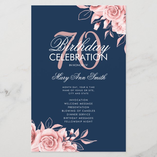 Floral 70th Birthday Program Rose Gold Navy Menu (Front)