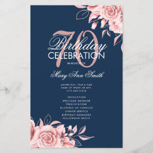 Floral 70th Birthday Program Rose Gold Navy Menu