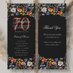 Floral 70th Birthday Program Thank You Black Invitation