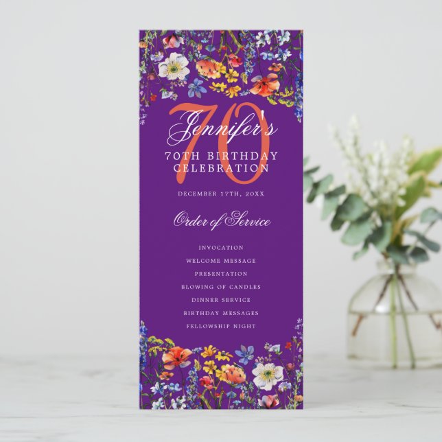 Floral 70th Birthday Program Thank You Purple  Invitation (Standing Front)