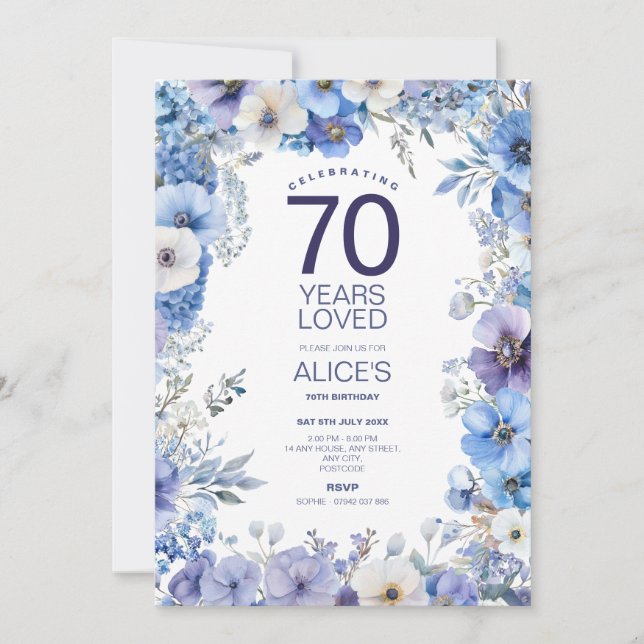Floral 70th Birthday, Purple & Blue, Milestone Invitation (Front)